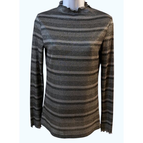 Endless Rose Tops - Endless‎ Rose Mock Neck Metallic Striped Lettuce Trim Long Sleeve Top Womens  Sm